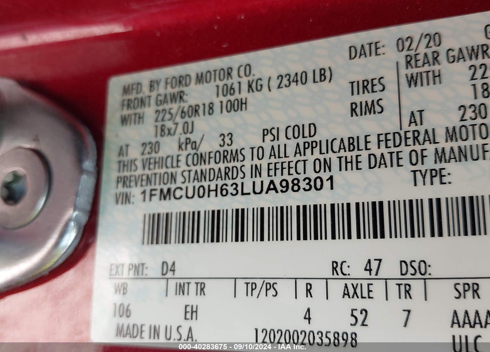 2020 FORD ESCAPE SEL VIN: 1FMCU0H63LUA98301