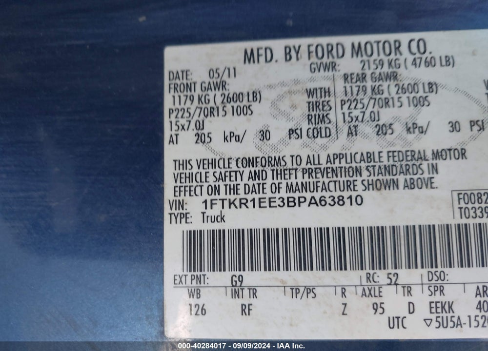 2011 FORD RANGER XLT VIN: 1FTKR1EE3BPA63810