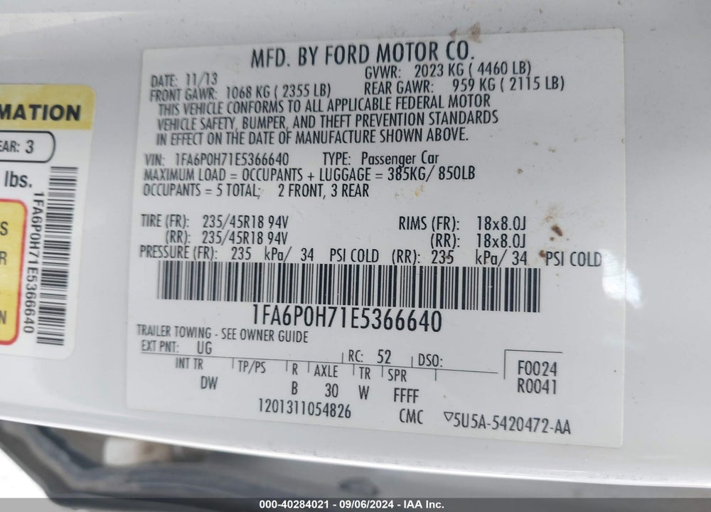 2014 FORD FUSION SE VIN: 1FA6P0H71E5366640