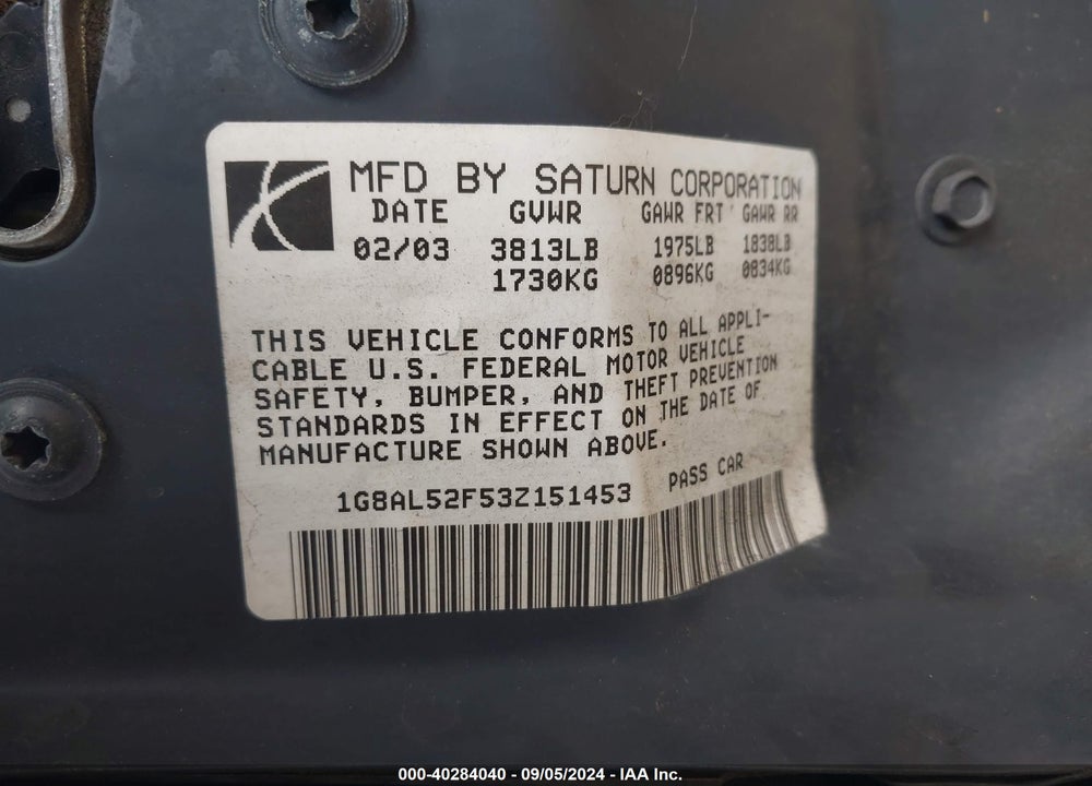 2003 SATURN ION VIN: 1G8AL52F53Z151453