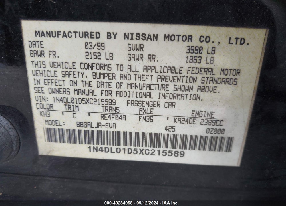 1999 NISSAN ALTIMA GLE/GXE/SE/SE-L/XE VIN: 1N4DL01D5XC215589