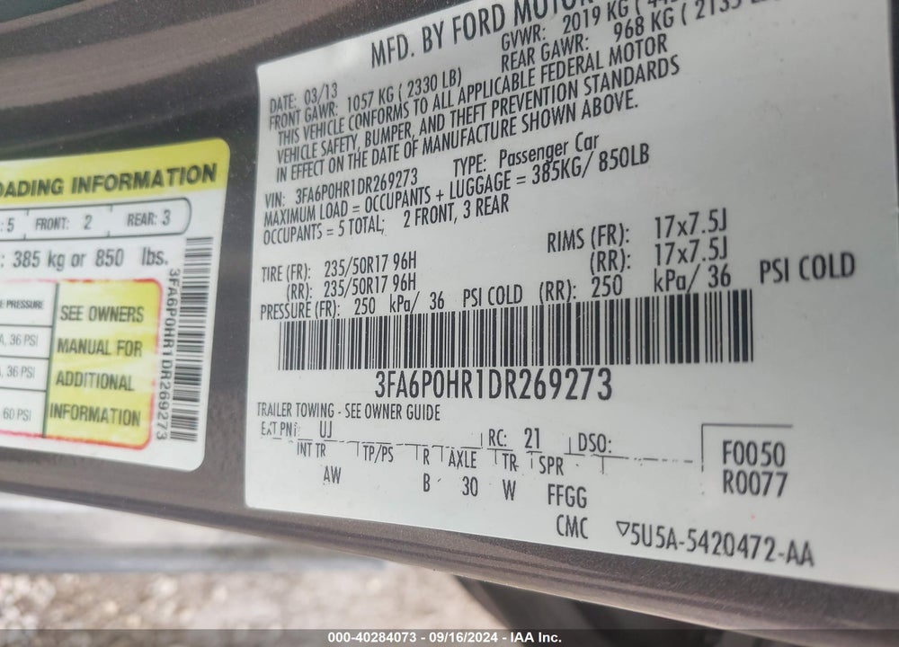 2013 FORD FUSION SE VIN: 3FA6P0HR1DR269273