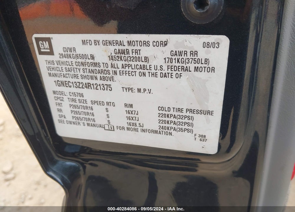 2004 CHEVROLET TAHOE LS VIN: 1GNEC13Z24R121375