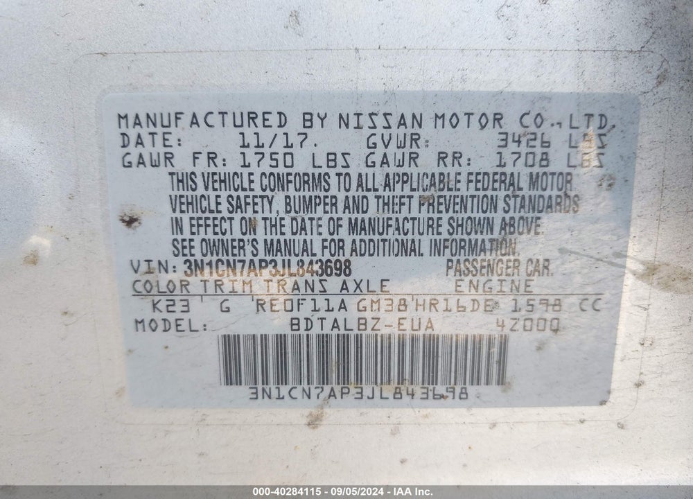 2018 NISSAN VERSA 1.6 SV VIN: 3N1CN7AP3JL843698