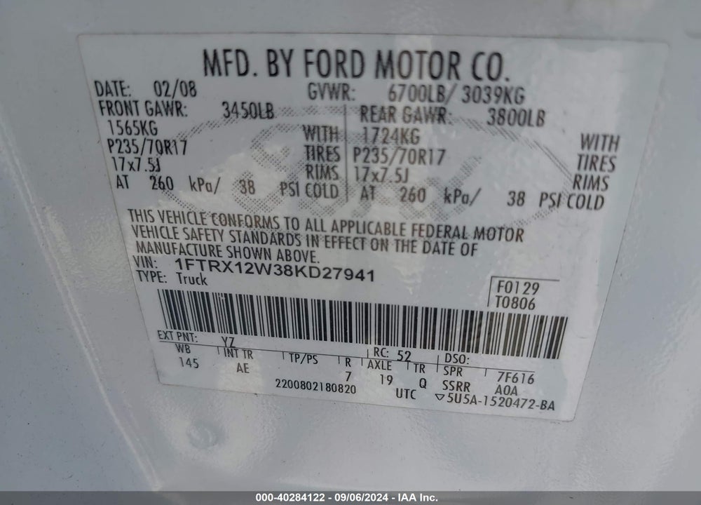 2008 FORD F-150 XL VIN: 1FTRX12W38KD27941