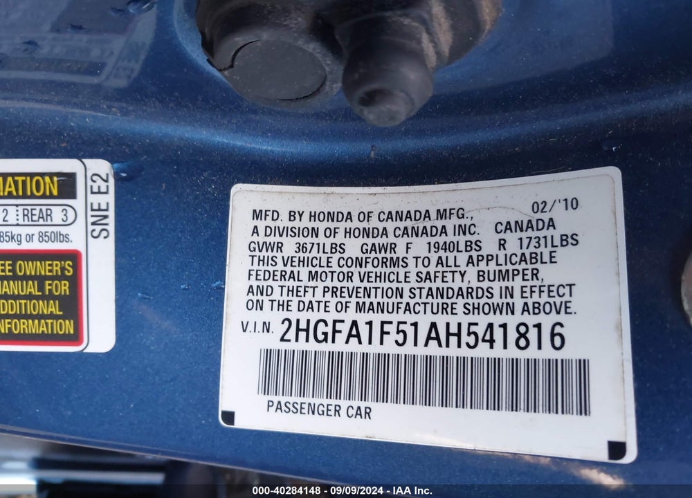 2010 HONDA CIVIC LX VIN: 2HGFA1F51AH541816