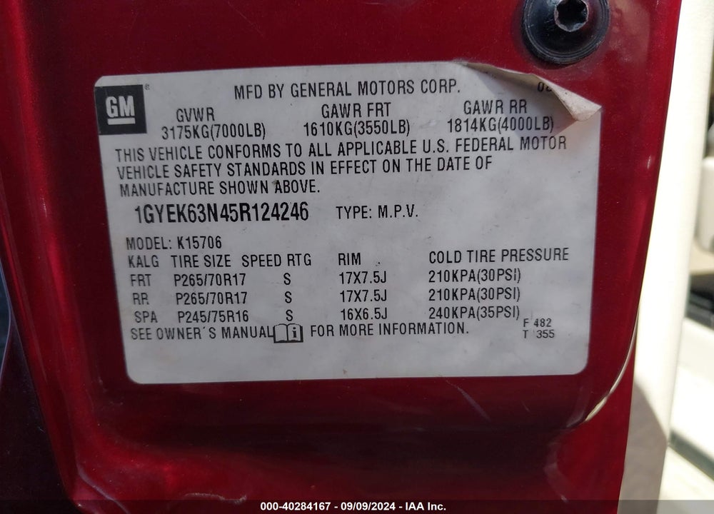 2005 CADILLAC ESCALADE STANDARD VIN: 1GYEK63N45R124246
