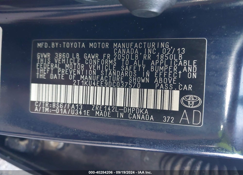 2013 TOYOTA MATRIX L VIN: 2T1KU4EE9DC037570