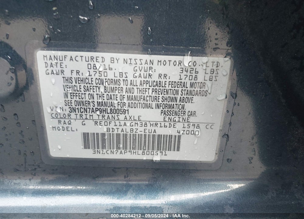 2017 NISSAN VERSA 1.6 SV VIN: 3N1CN7AP9HL800591