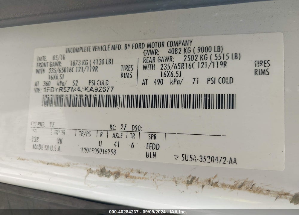 2018 FORD TRANSIT-250 CAB VIN: 1FDYR5ZM4JKA92677