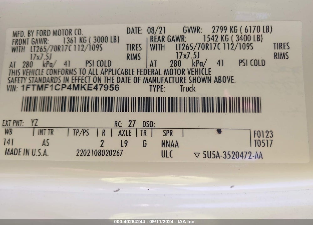 2021 FORD F-150 XL VIN: 1FTMF1CP4MKE47956