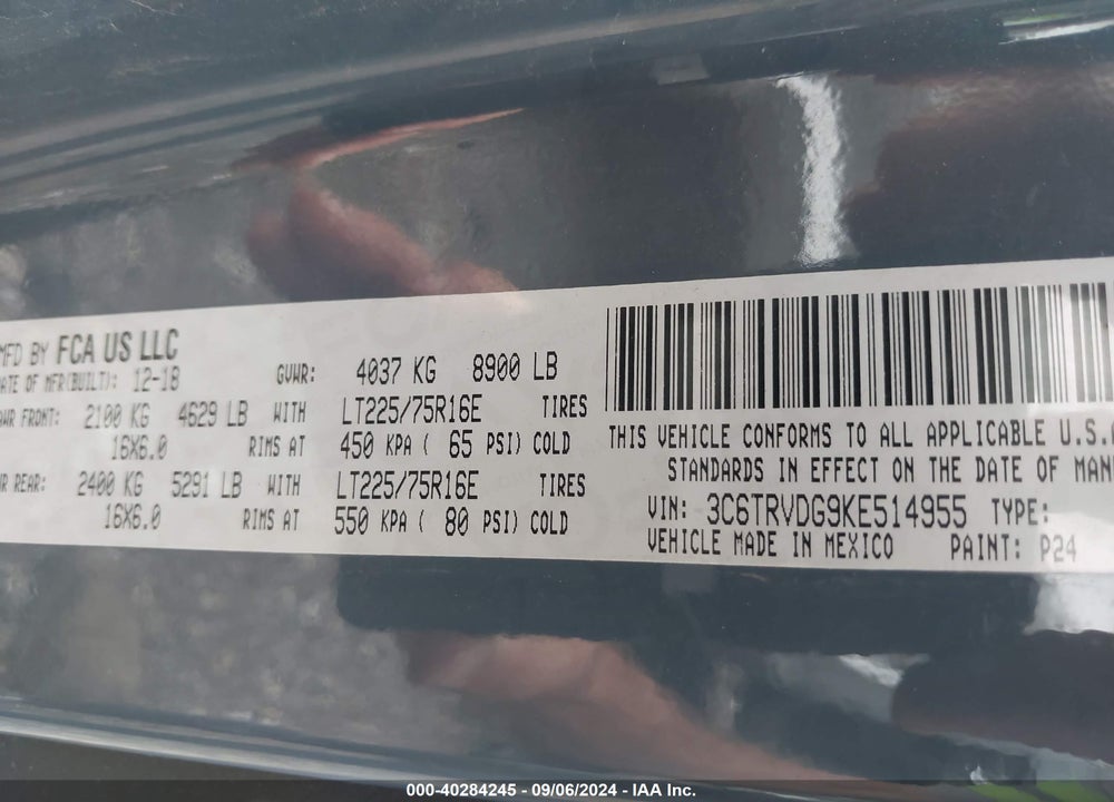 2019 RAM PROMASTER 2500 HIGH ROOF 159 WB VIN: 3C6TRVDG9KE514955