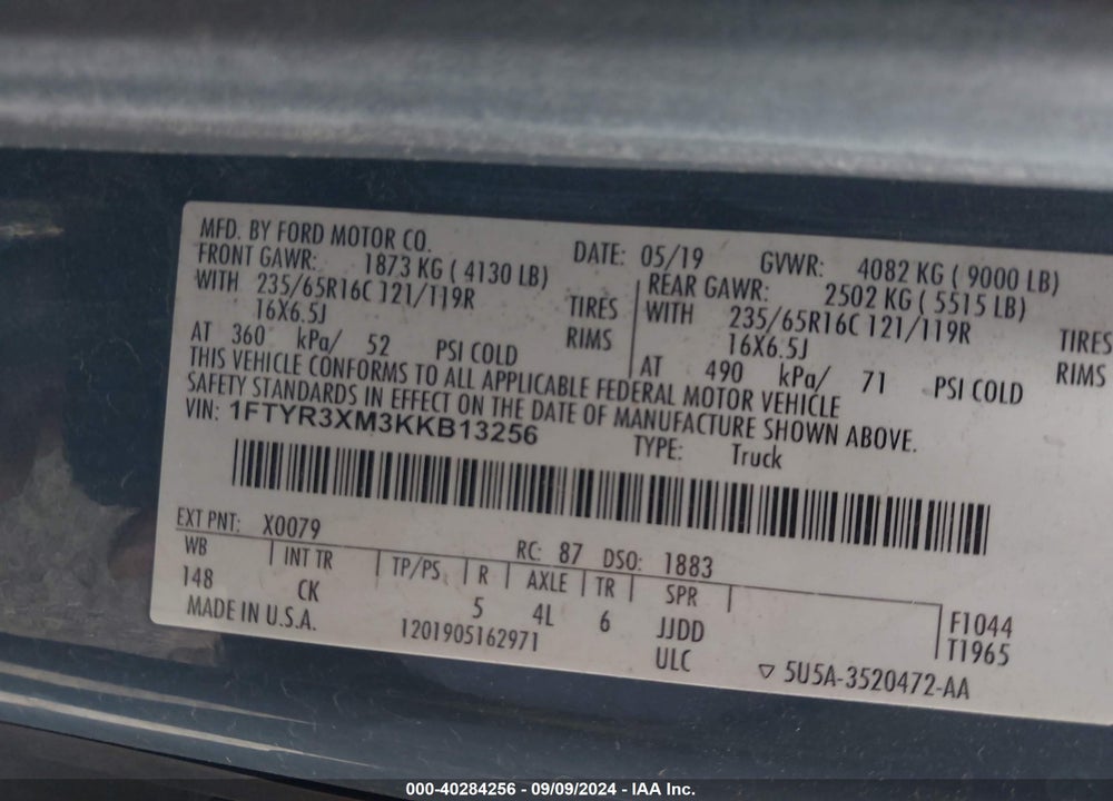 2019 FORD TRANSIT-250 VIN: 1FTYR3XM3KKB13256