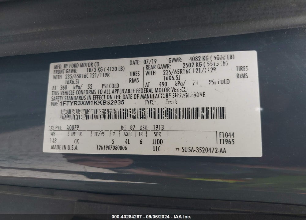 2019 FORD TRANSIT-250 VIN: 1FTYR3XM1KKB32985