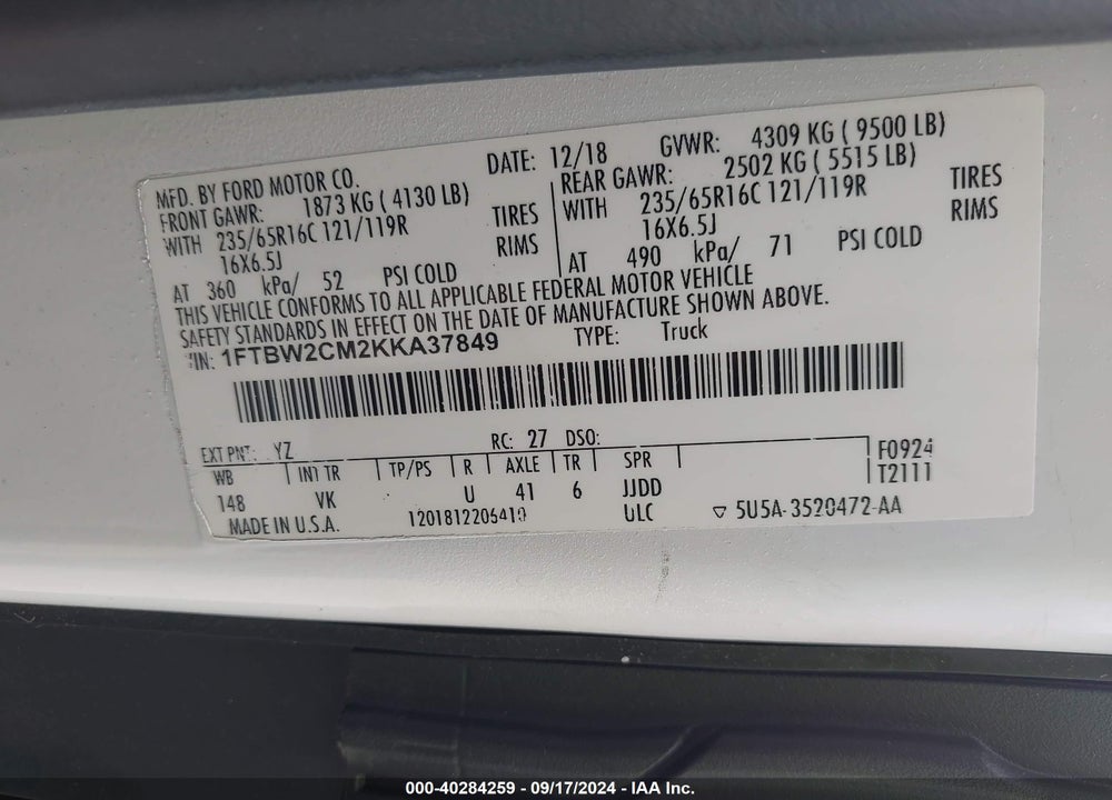 2019 FORD TRANSIT-350 VIN: 1FTBW2CM2KKA37849