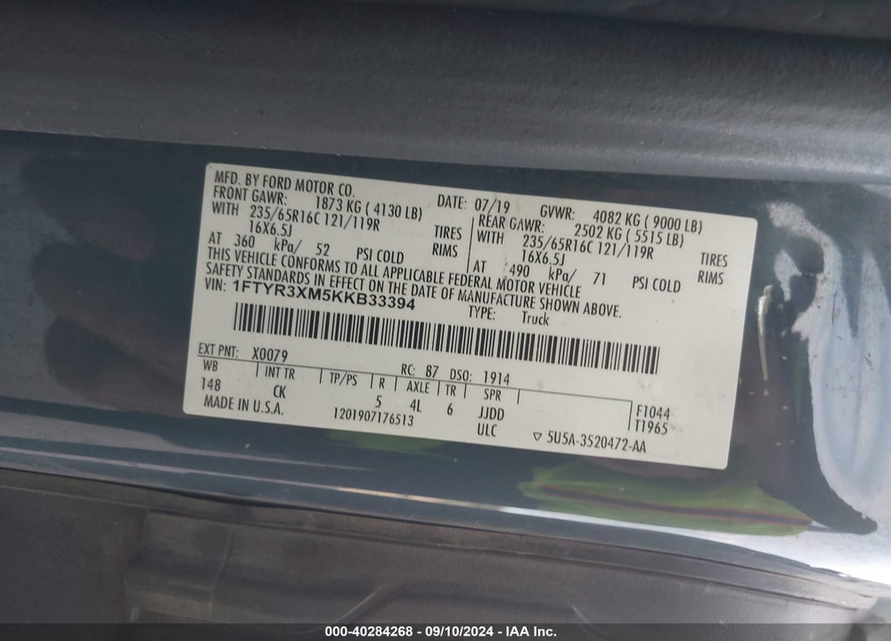 2019 FORD TRANSIT-250 VIN: 1FTYR3XM5KKB33394