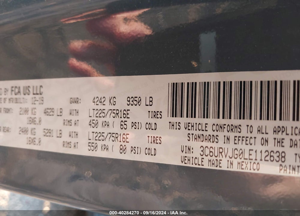 2020 RAM PROMASTER 3500 VIN: 3C6URVJG0LE112638