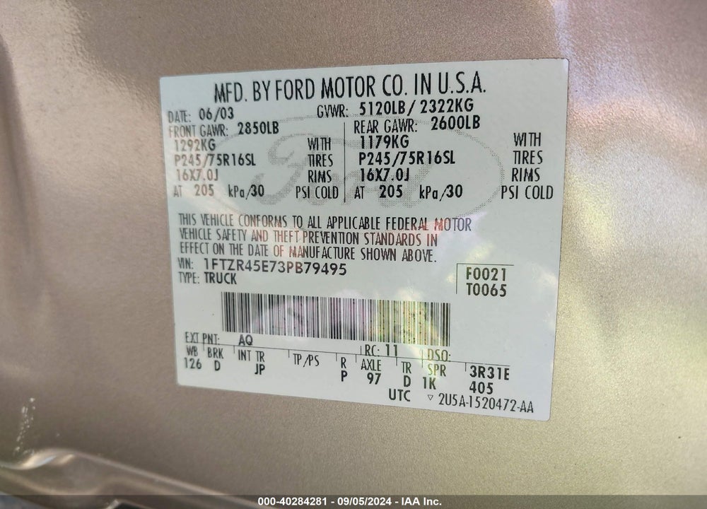 2003 FORD RANGER EDGE/XLT VIN: 1FTZR45E73PB79495
