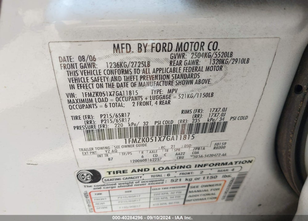 2007 FORD FREESTYLE SEL VIN: 1FMZK051X7GA11815