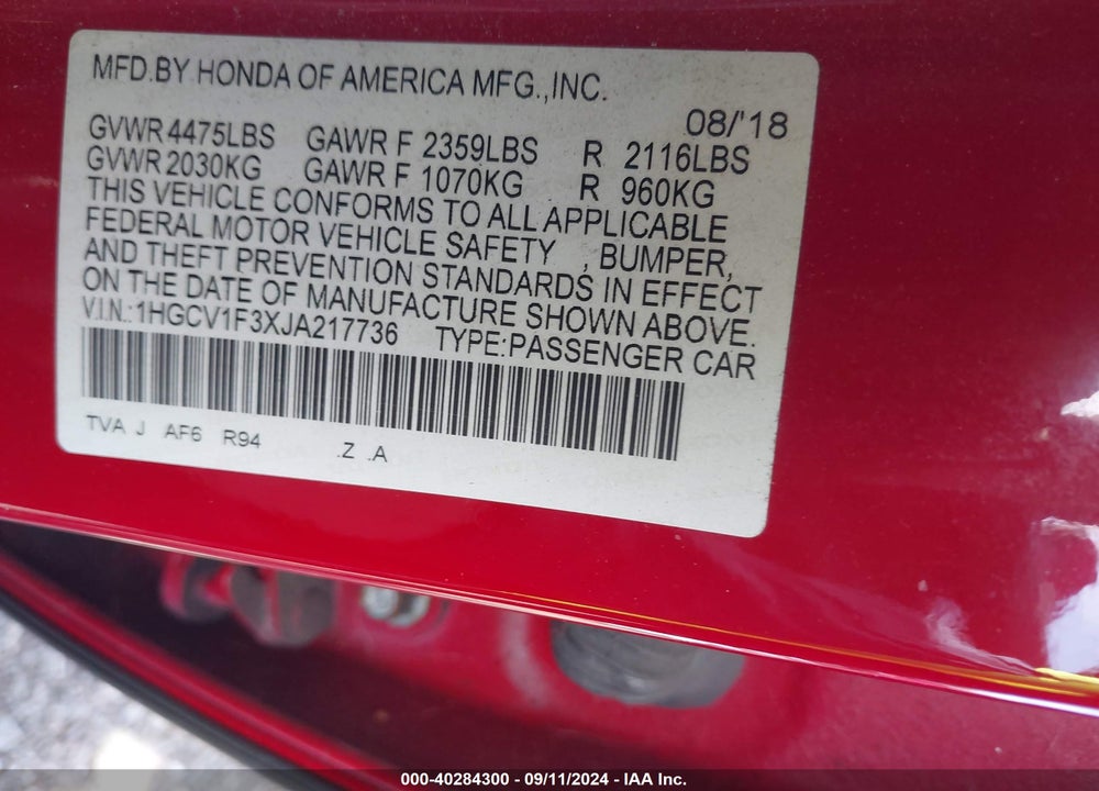 2018 HONDA ACCORD SPORT VIN: 1HGCV1F3XJA217736