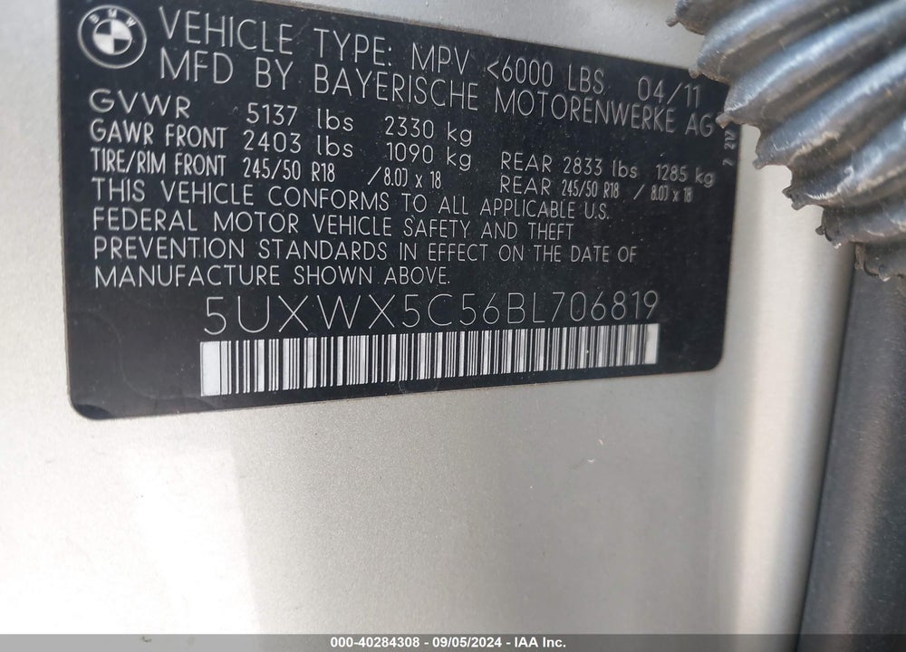 2011 BMW X3 VIN: 5UXWX5C56BL706819