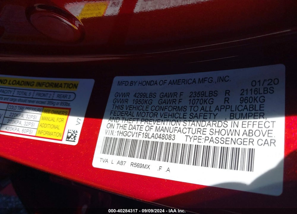 2020 HONDA ACCORD LX VIN: 1HGCV1F19LA048083