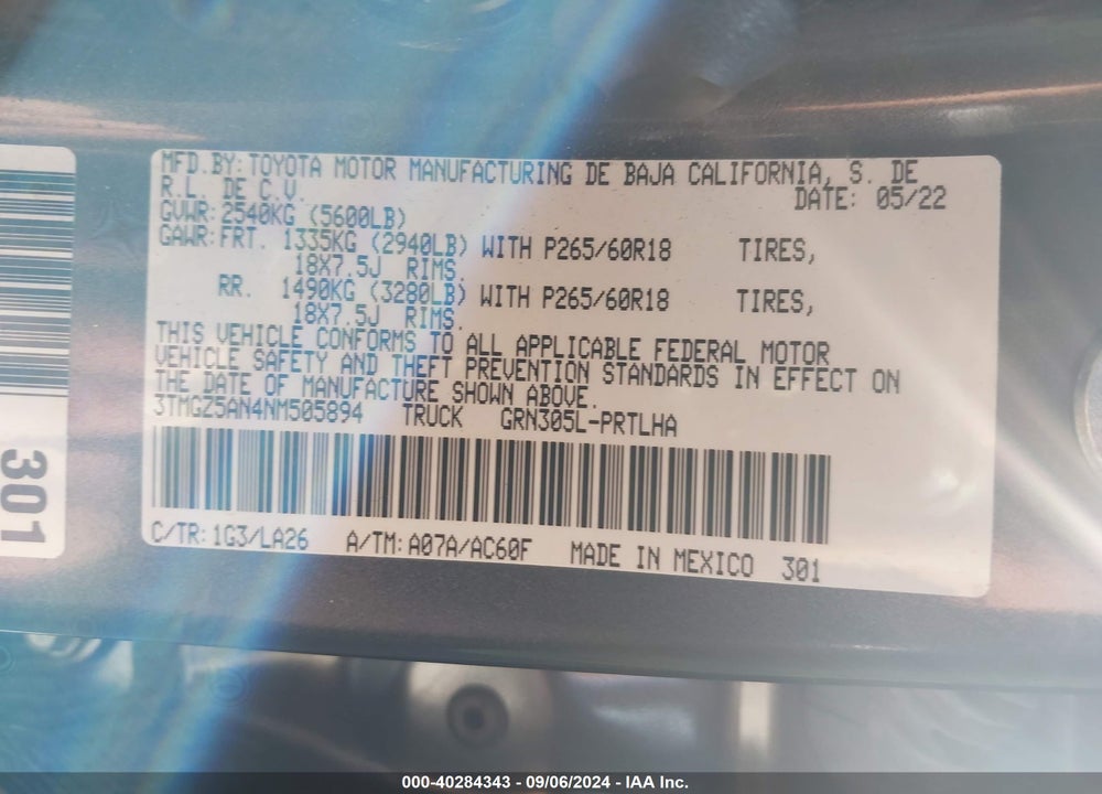 2022 TOYOTA TACOMA LIMITED VIN: 3TMGZ5AN4NM505894