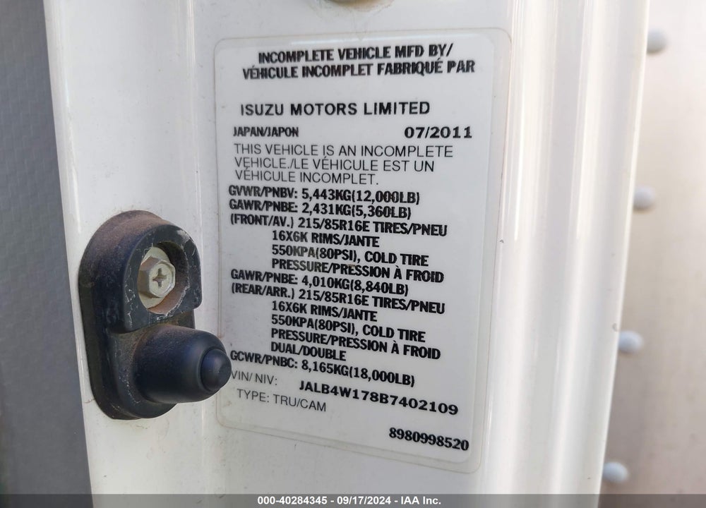2011 ISUZU NPR DSL REG AT ECO-MAX VIN: JALB4W178B7402109