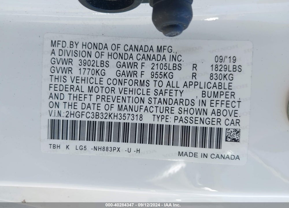 2019 HONDA CIVIC EX VIN: 2HGFC3B32KH357318