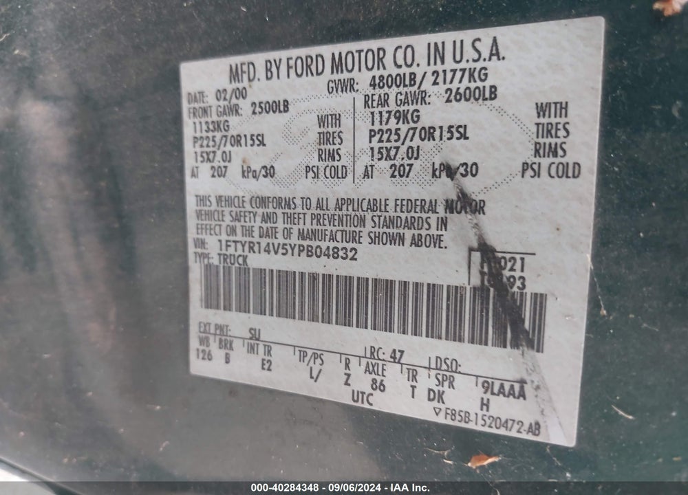 2000 FORD RANGER XL/XLT VIN: 1FTYR14V5YPB04832