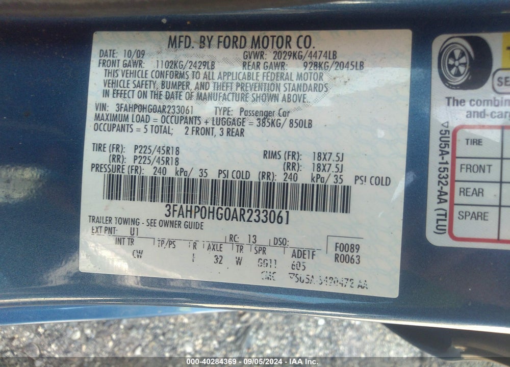 2010 FORD FUSION SE VIN: 3FAHP0HG0AR233061