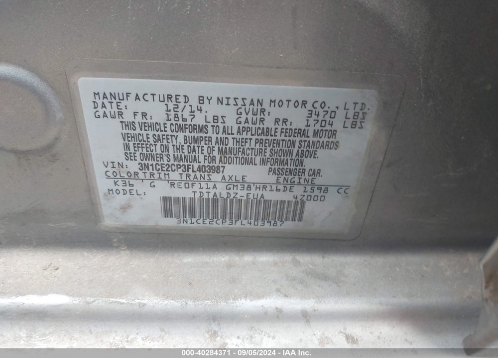 2015 NISSAN VERSA NOTE S (SR)/S PLUS/SL/SR/SV VIN: 3N1CE2CP3FL403987