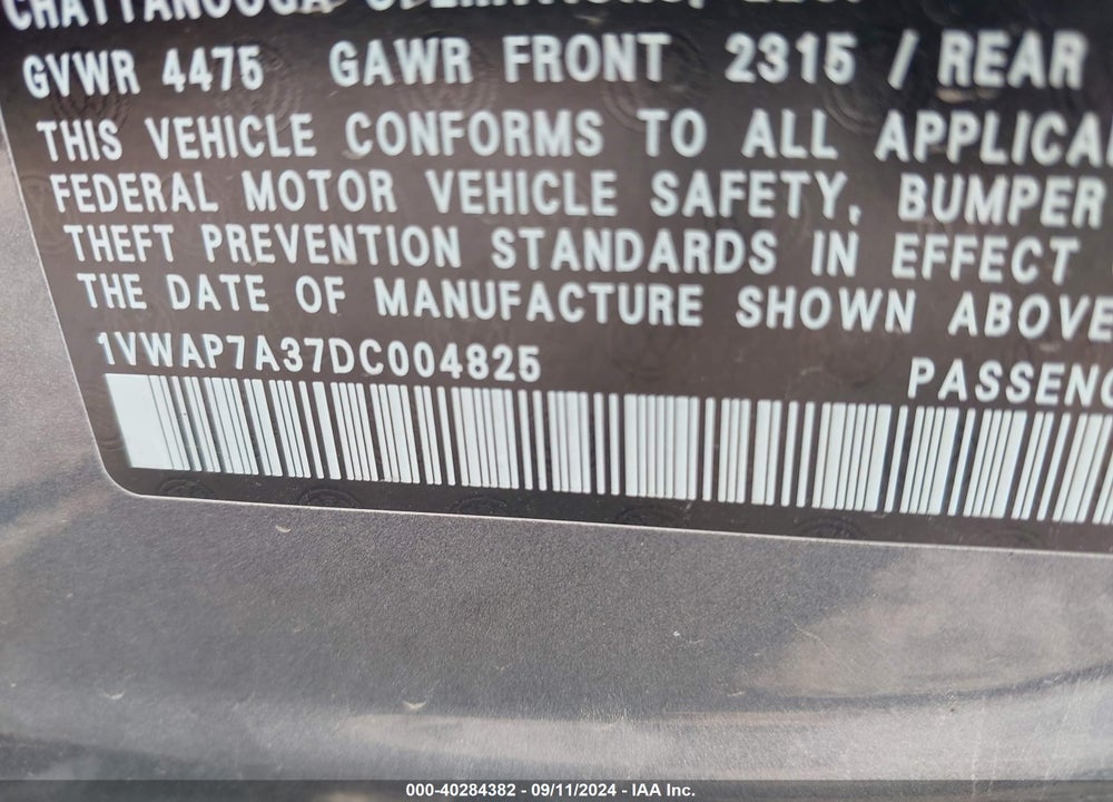 2013 VOLKSWAGEN PASSAT 2.5L S VIN: 1VWAP7A37DC004825