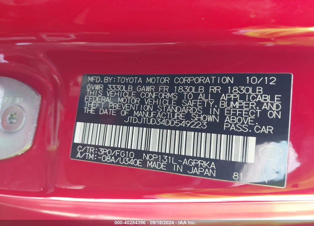 2013 TOYOTA YARIS L VIN: JTDJTUD34DD549223