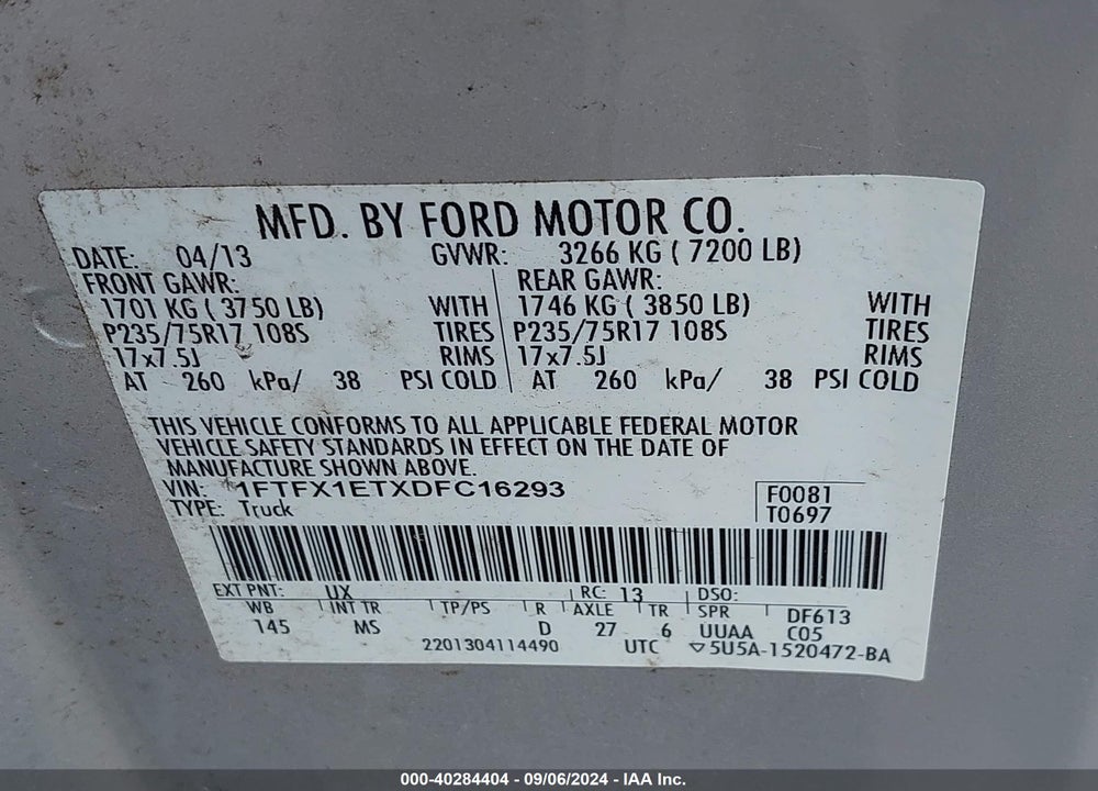 2013 FORD F-150 XLT VIN: 1FTFX1ETXDFC16293