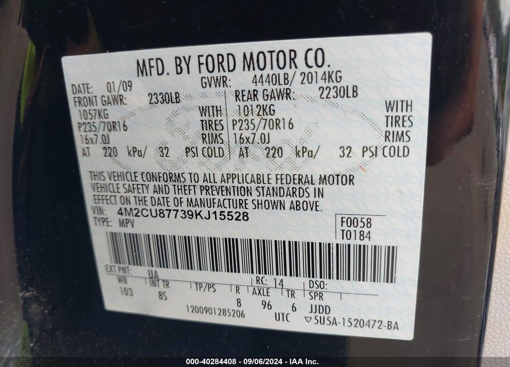 2009 MERCURY MARINER PREMIER VIN: 4M2CU87739KJ15528
