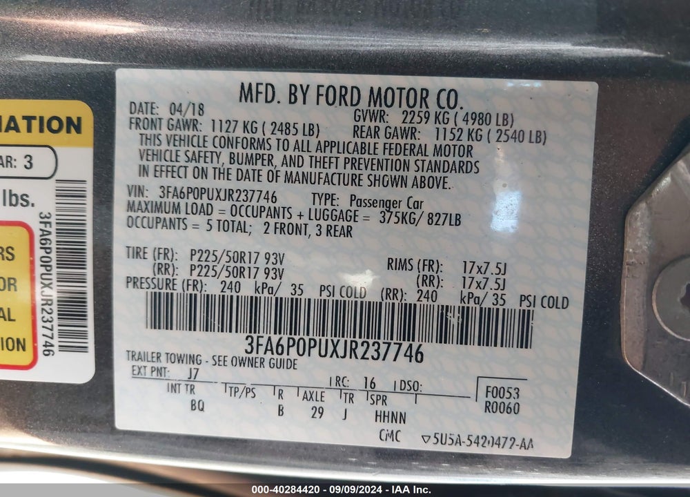 2018 FORD FUSION ENERGI SE LUXURY VIN: 3FA6P0PUXJR237746