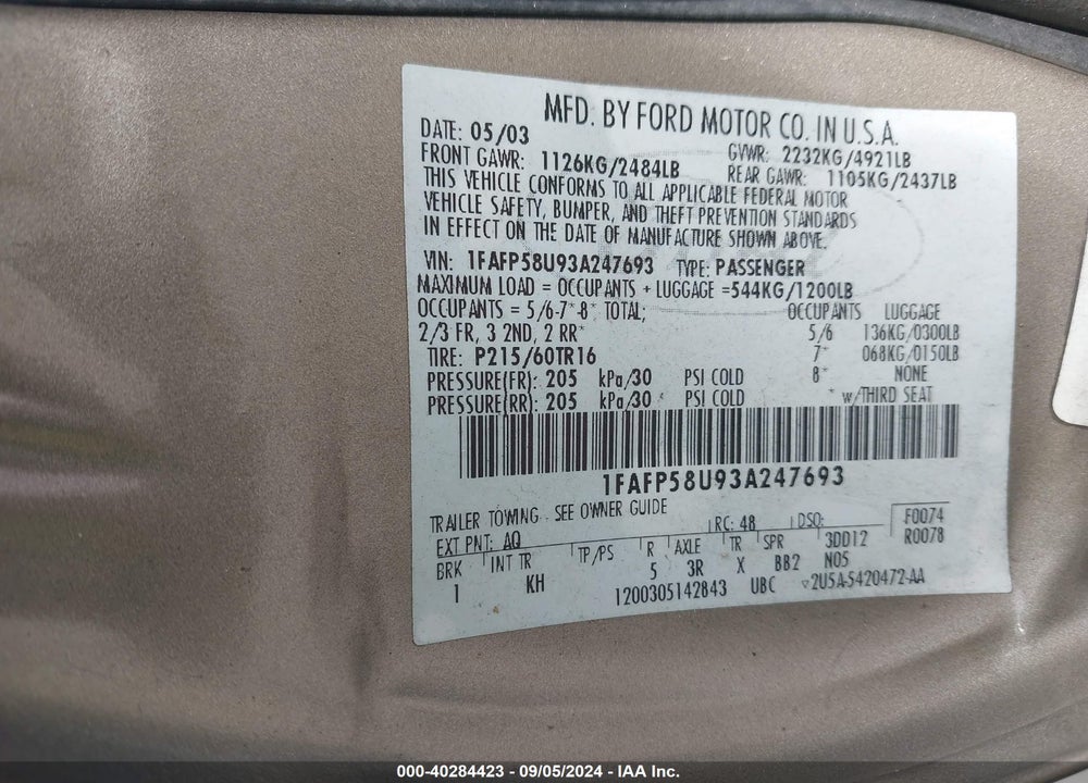 2003 FORD TAURUS SE VIN: 1FAFP58U93A247693