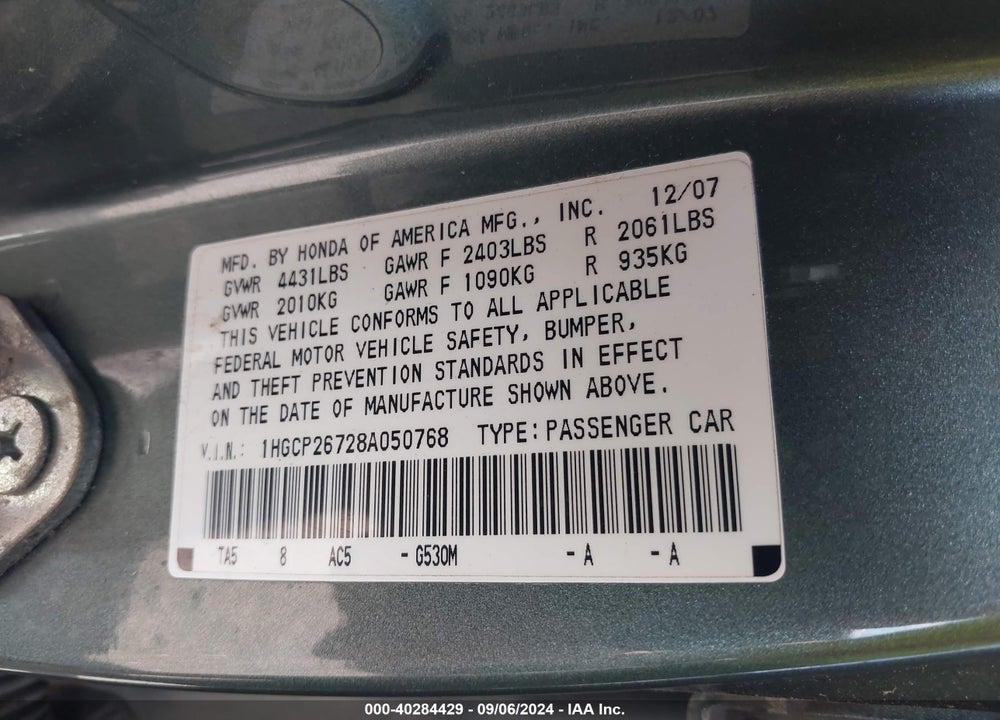 2008 HONDA ACCORD 2.4 EX VIN: 1HGCP26728A050768