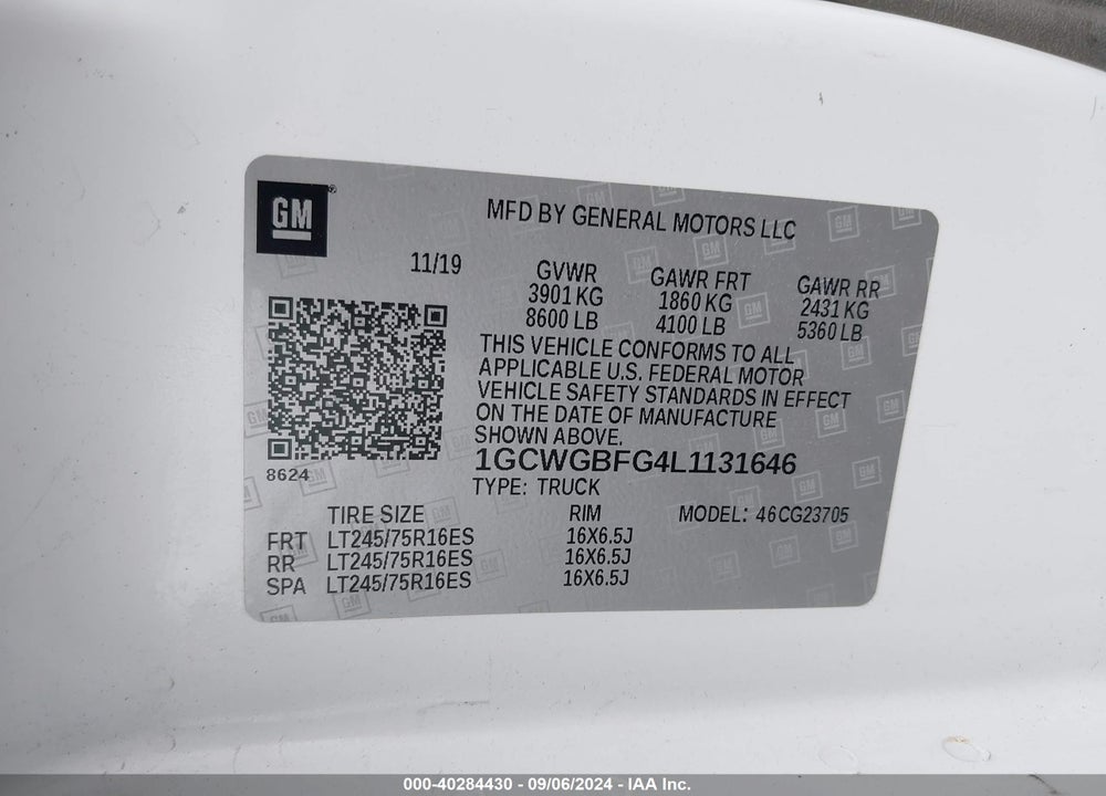 2020 CHEVROLET EXPRESS CARGO RWD 2500 EXTENDED WHEELBASE WT VIN: 1GCWGBFG4L1131646