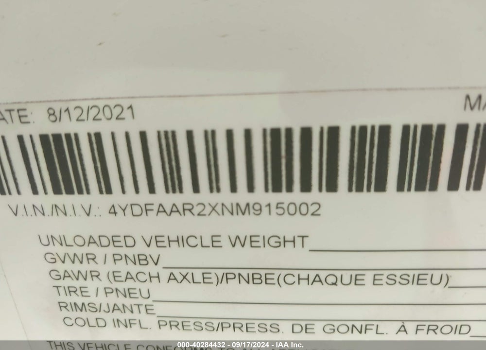 2022 KEYSTONE HISTORIA VIN: 4YDFAAR2XNM915002