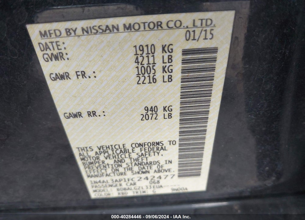 2015 NISSAN ALTIMA 2.5/2.5 S/2.5 SL/2.5 SV VIN: 1N4AL3AP1FC242477