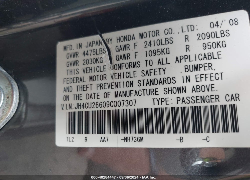 2009 ACURA TSX VIN: JH4CU26609C007307