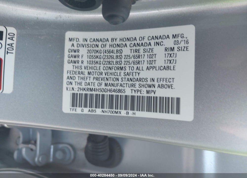 2016 HONDA CR-V EX VIN: 2HKRM4H50GH646865