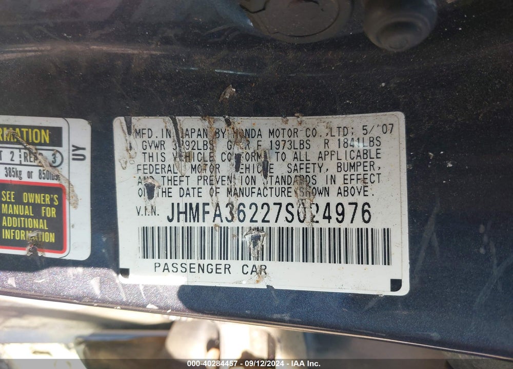 2007 HONDA CIVIC HYBRID VIN: JHMFA36227S024976