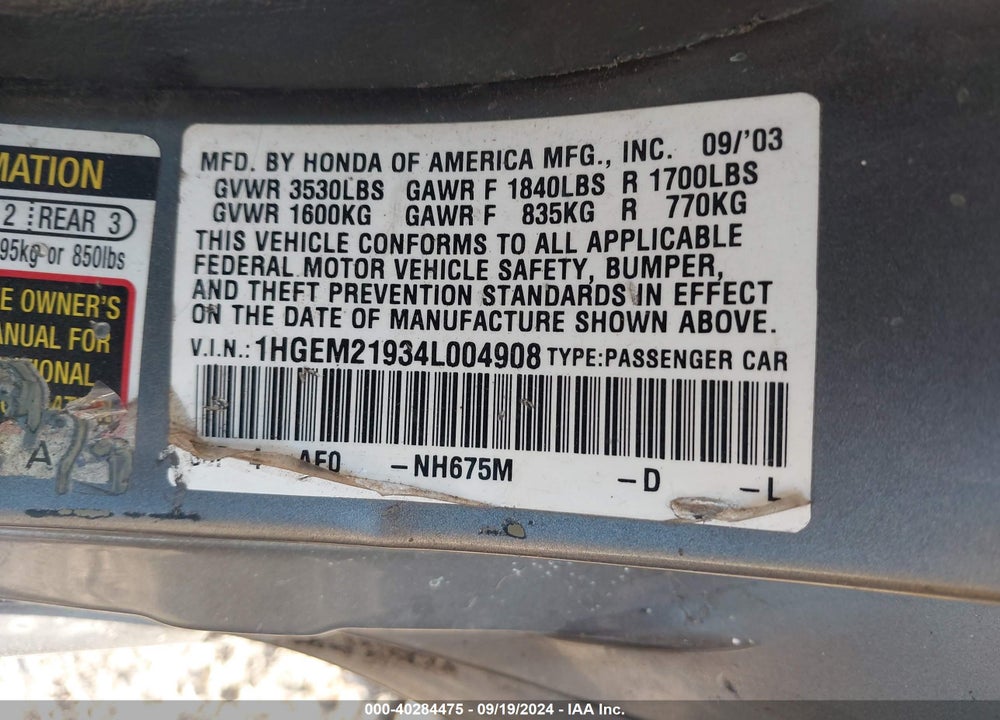 2004 HONDA CIVIC EX VIN: 1HGEM21934L004908