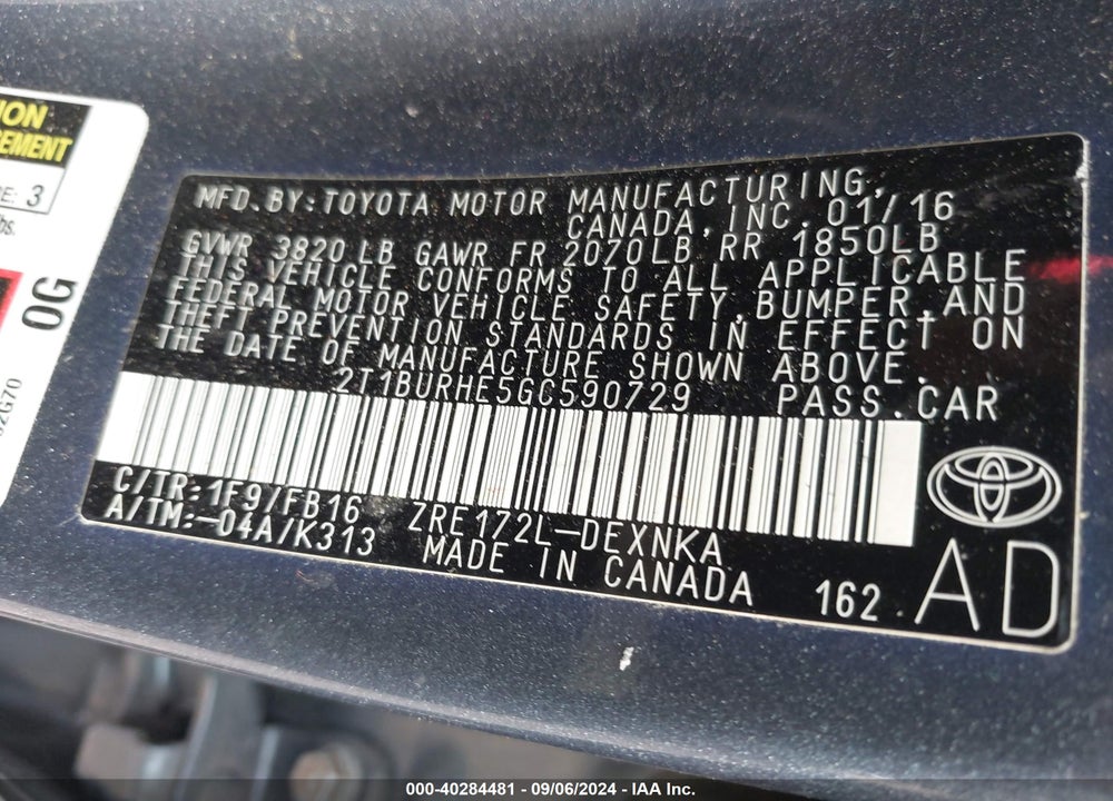 2016 TOYOTA COROLLA LE VIN: 2T1BURHE5GC590729