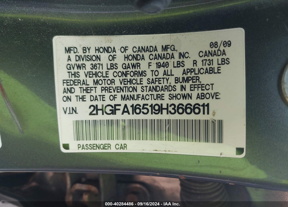 2009 HONDA CIVIC LX VIN: 2HGFA16519H366611
