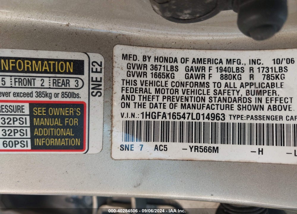 2007 HONDA CIVIC LX VIN: 1HGFA16547L014963