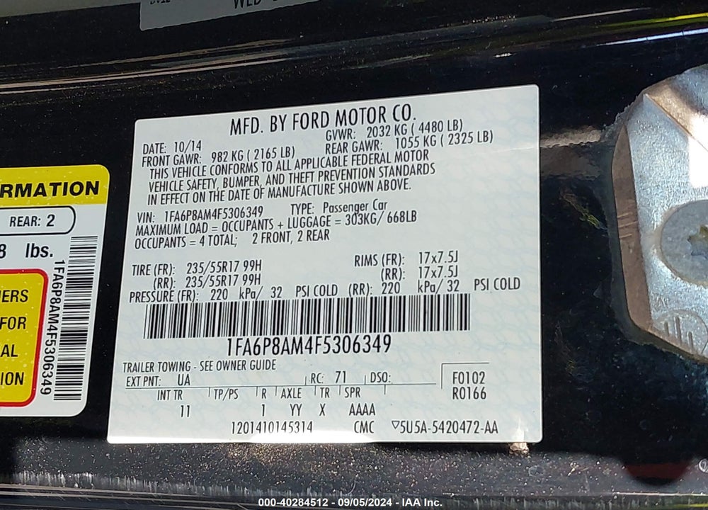 2015 FORD MUSTANG V6 VIN: 1FA6P8AM4F5306349